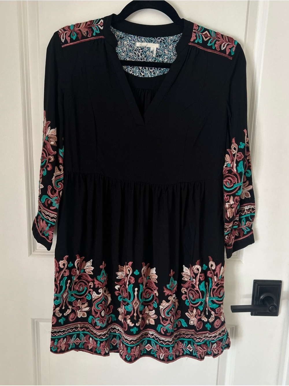 Floreat Black Embroidered Dress with Teal & Rust Accents